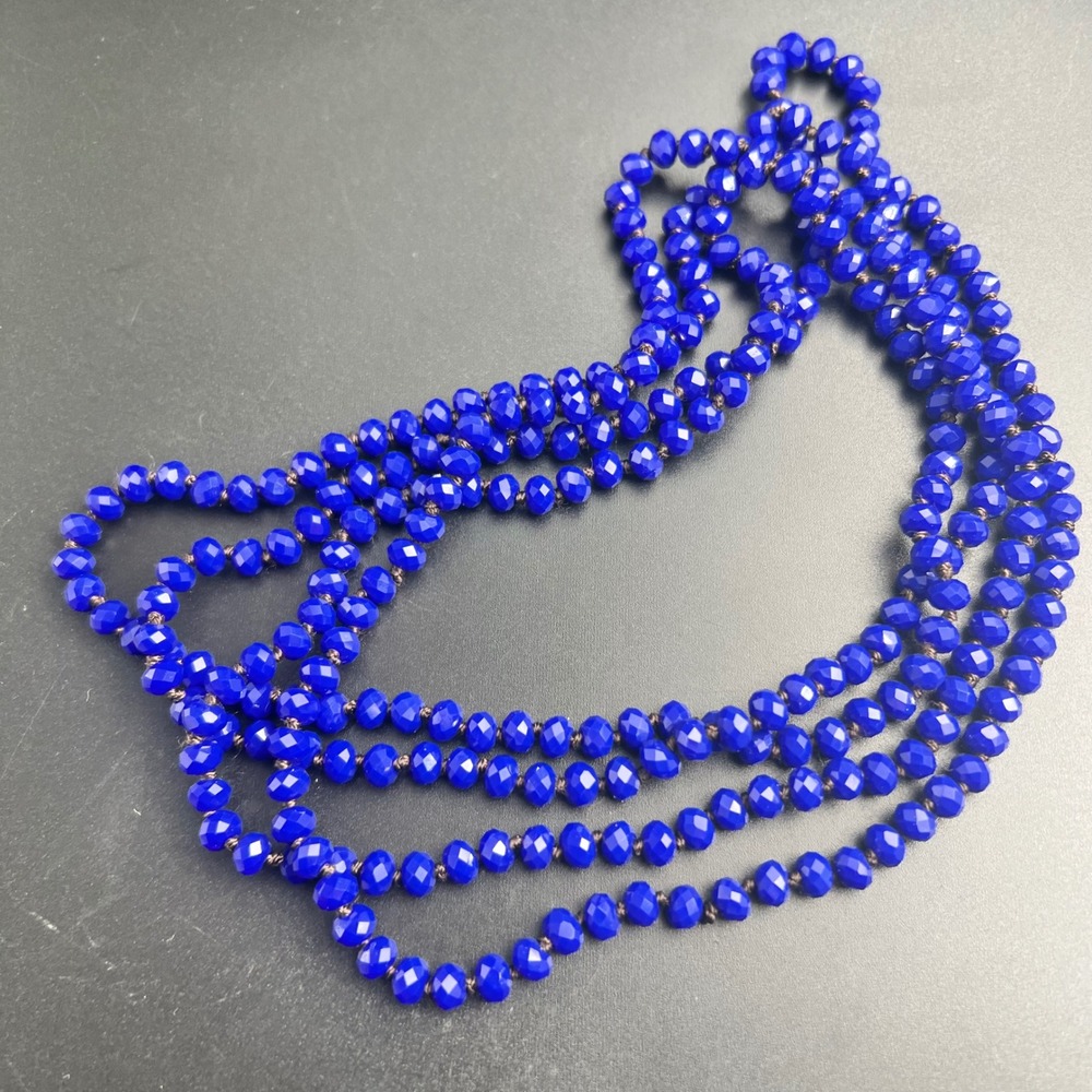 60" Knotted Glass Bead Rope Necklace Blue Excellent